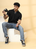 Rigo Men's Black Solid Polo T-shirt With Contrast Piping