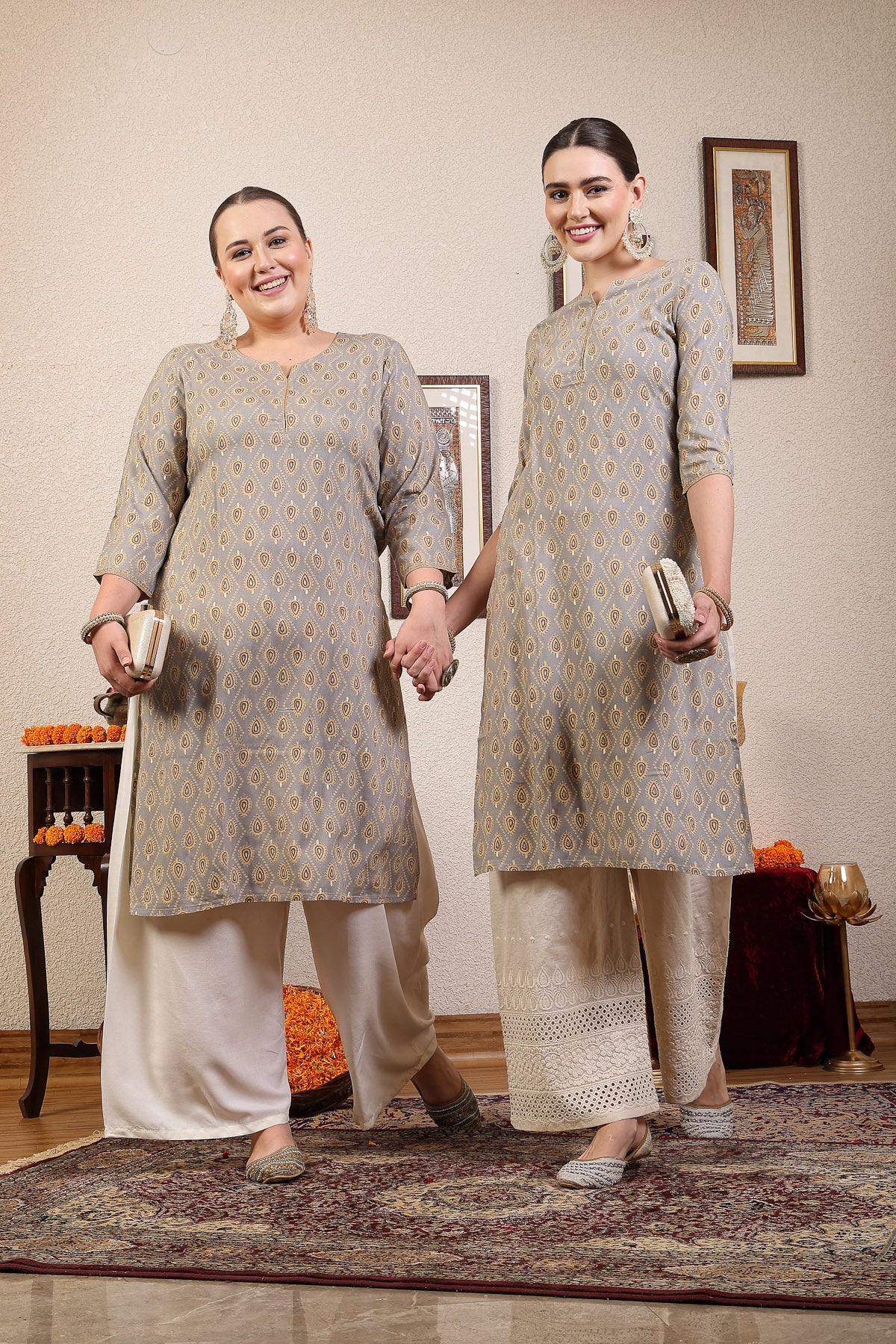 Women Grey Ethnic Motifs Printed Kurta With Piping