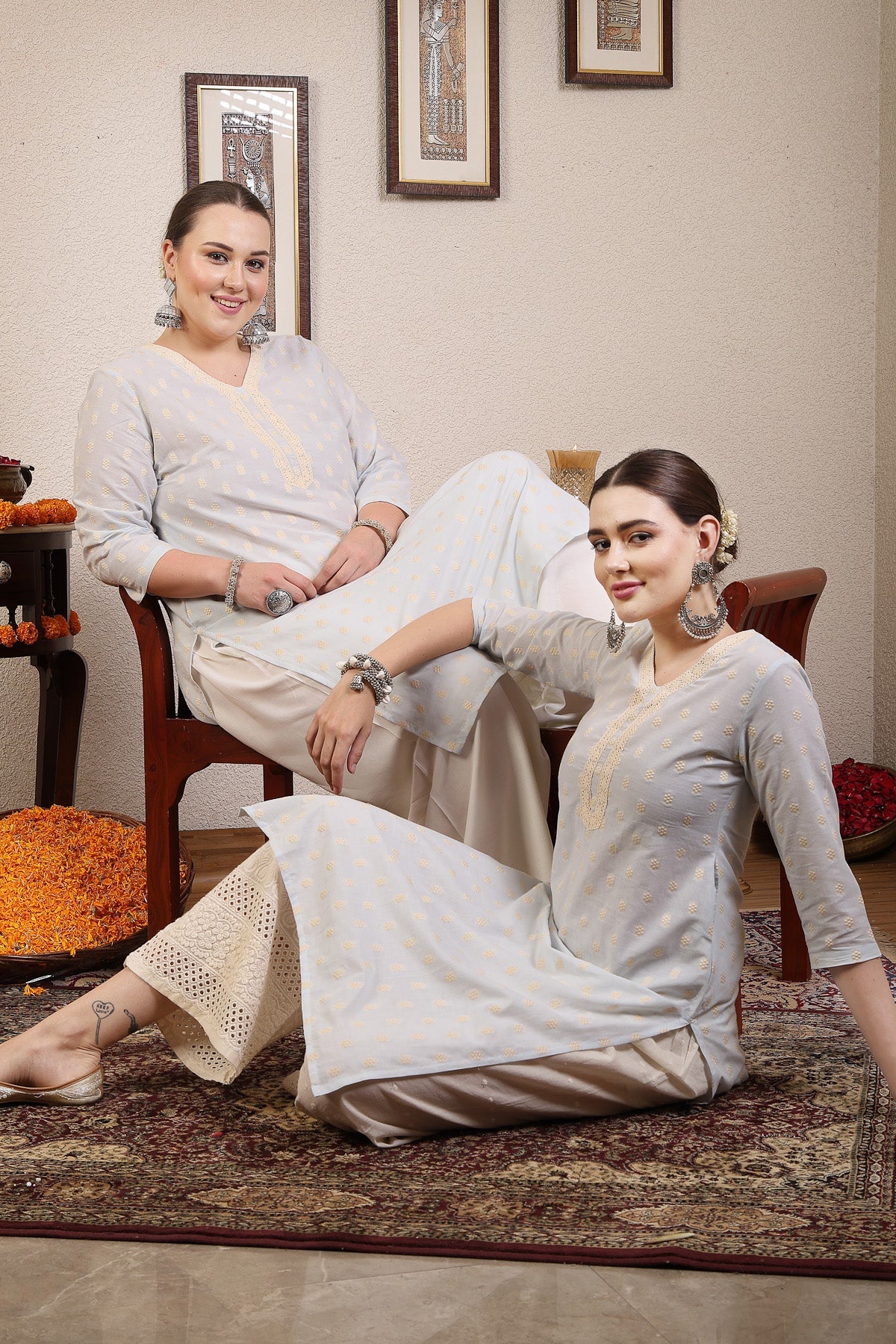 Women Sky Blue Cotton Dobby Kurta With Lace