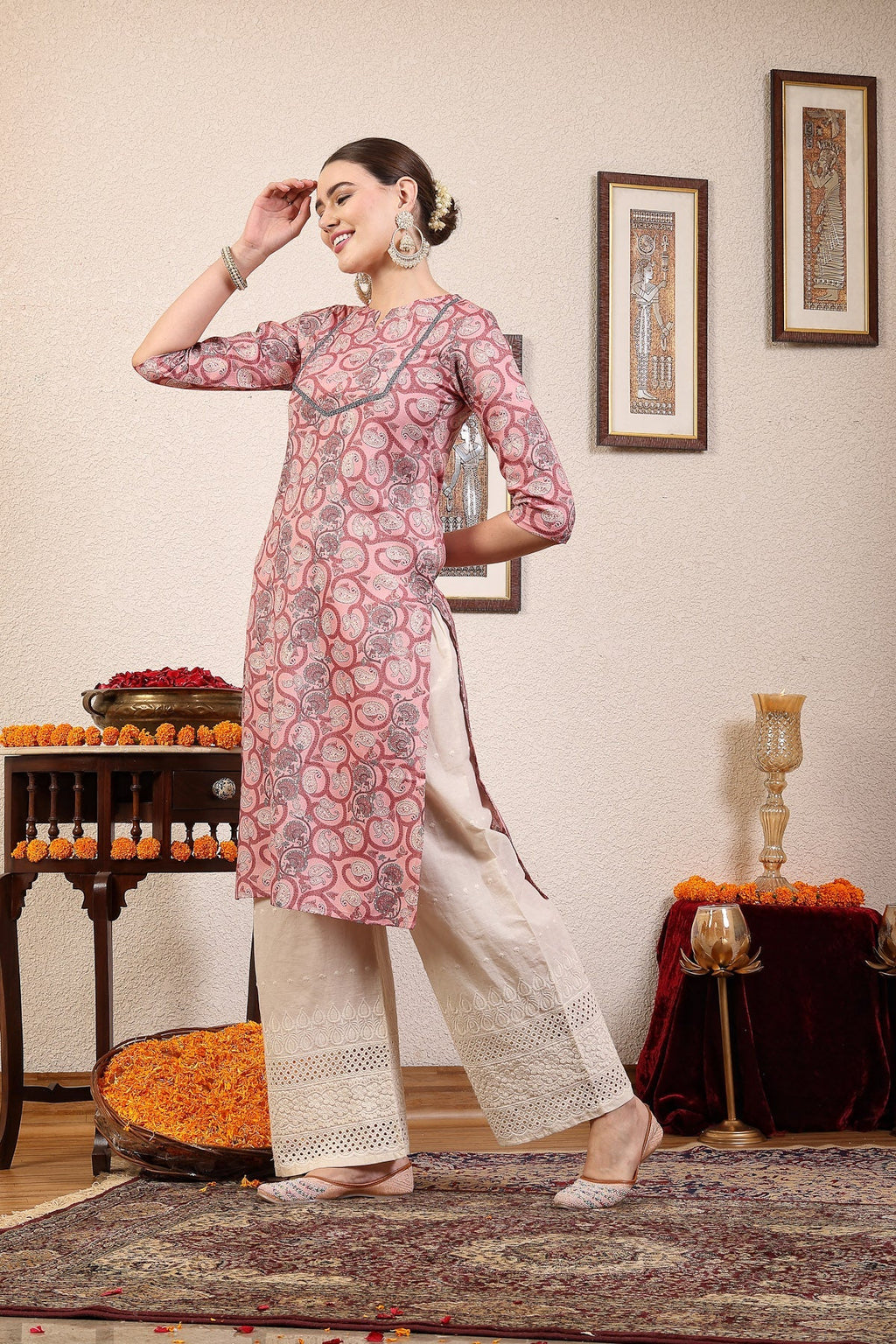 Women Pink Printed Straight Kurta Krya