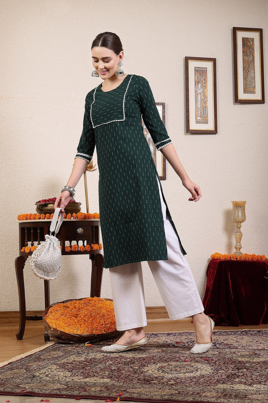 Women Dark Green Cotton Dobby Kurta Krya
