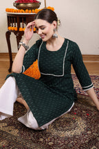 Women Dark Green Cotton Dobby Kurta Krya
