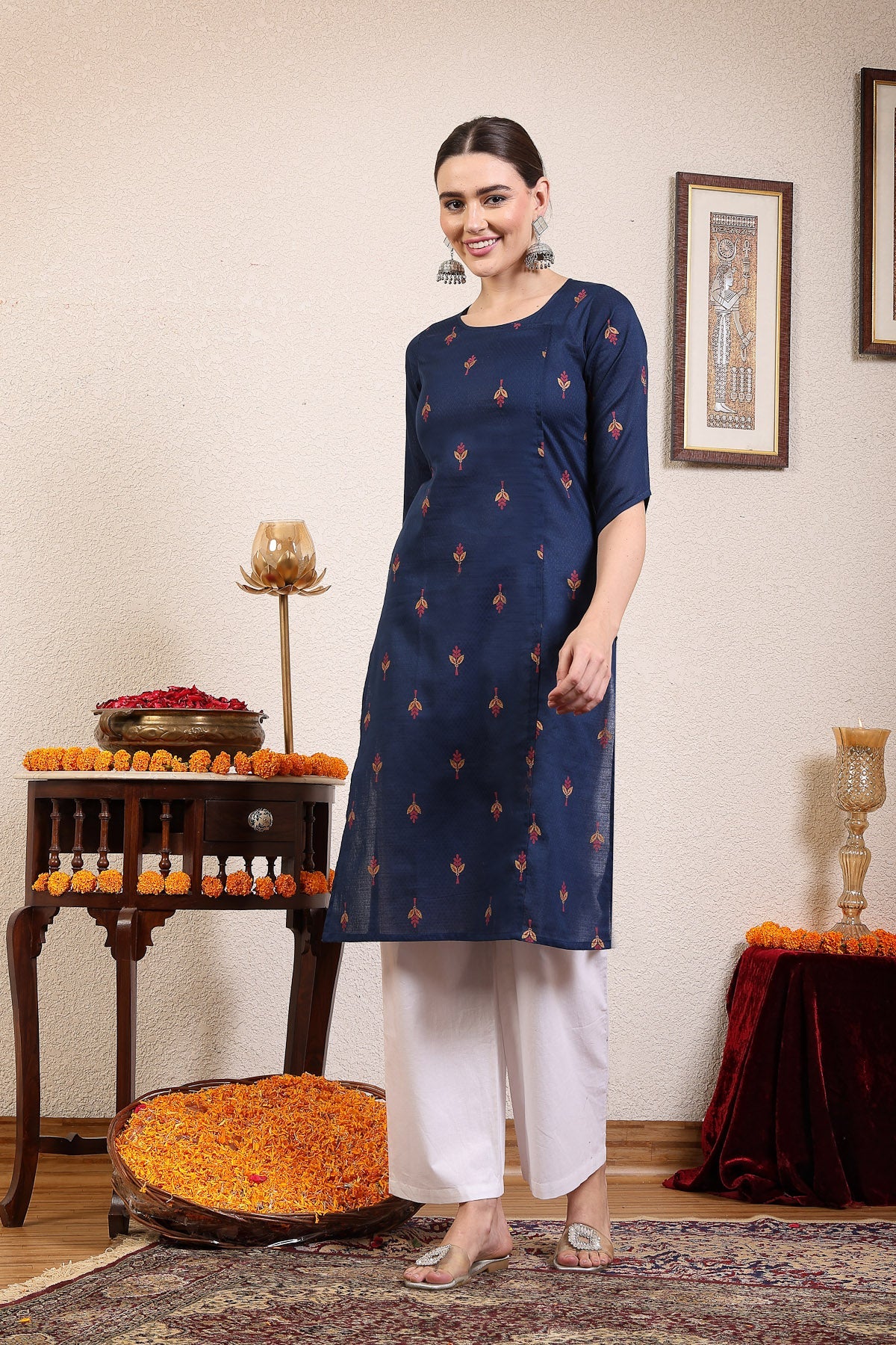 Women Navy Blue Ethnic Motifs Cotton Calf Length Kurta