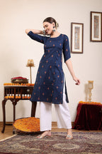 Women Navy Blue Ethnic Motifs Cotton Calf Length Kurta Krya