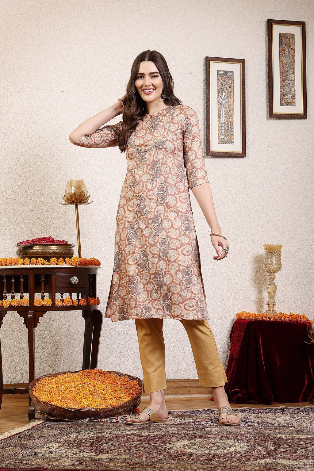 Women Brown Printed Straight Kurta Krya
