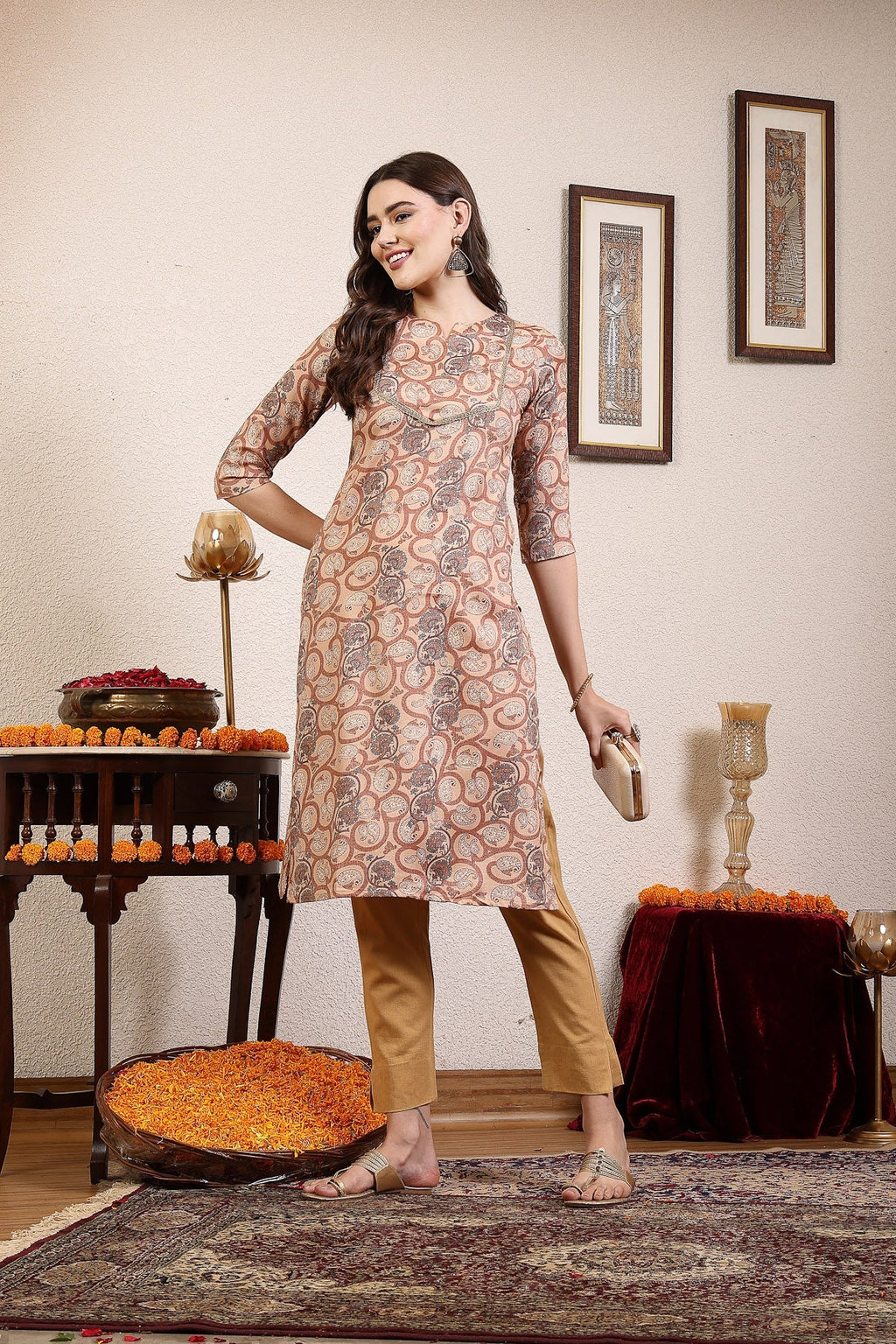 Women Brown Printed Straight Kurta Krya