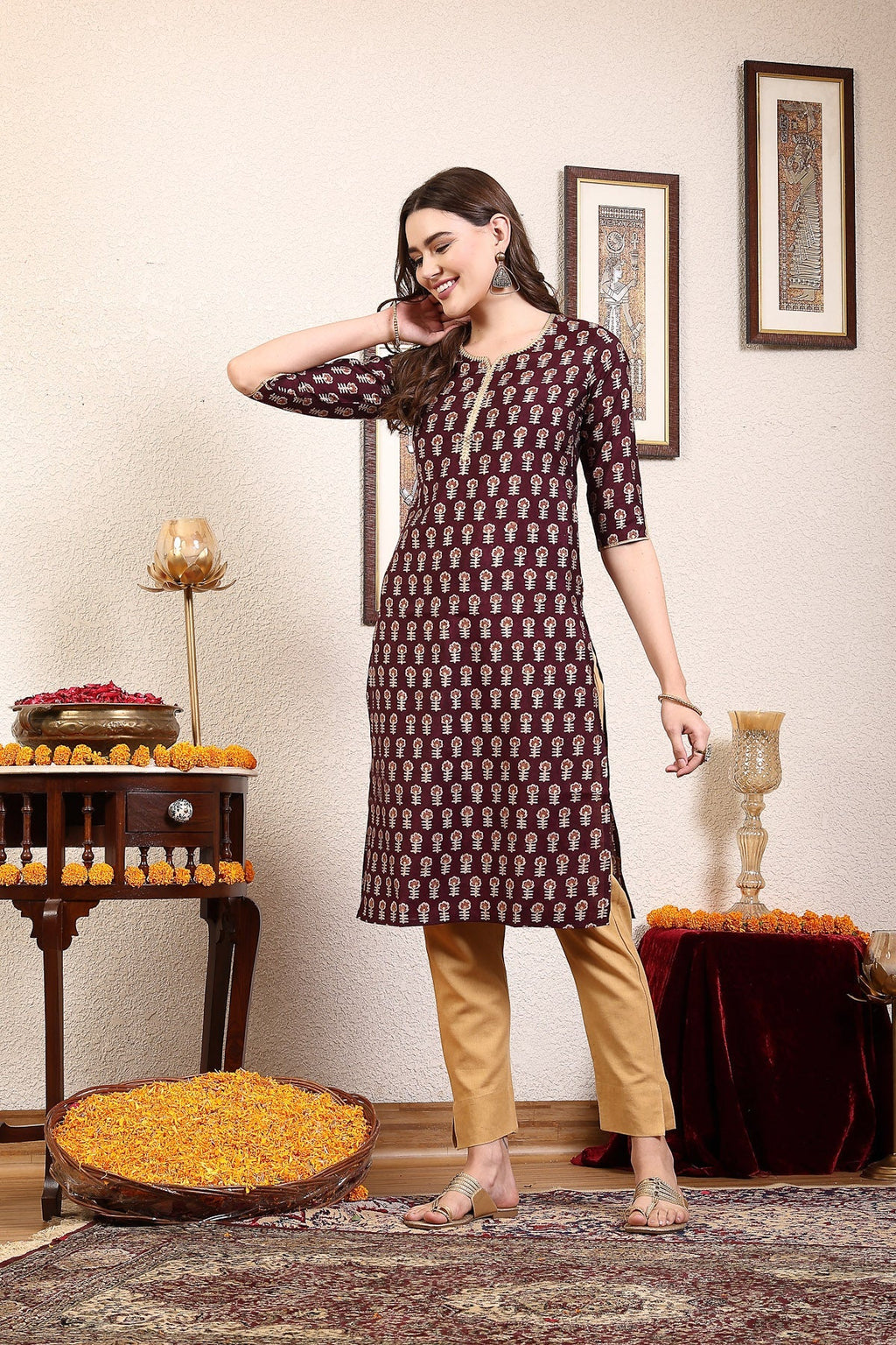 Women Purple Printed Kurta With Lace Krya