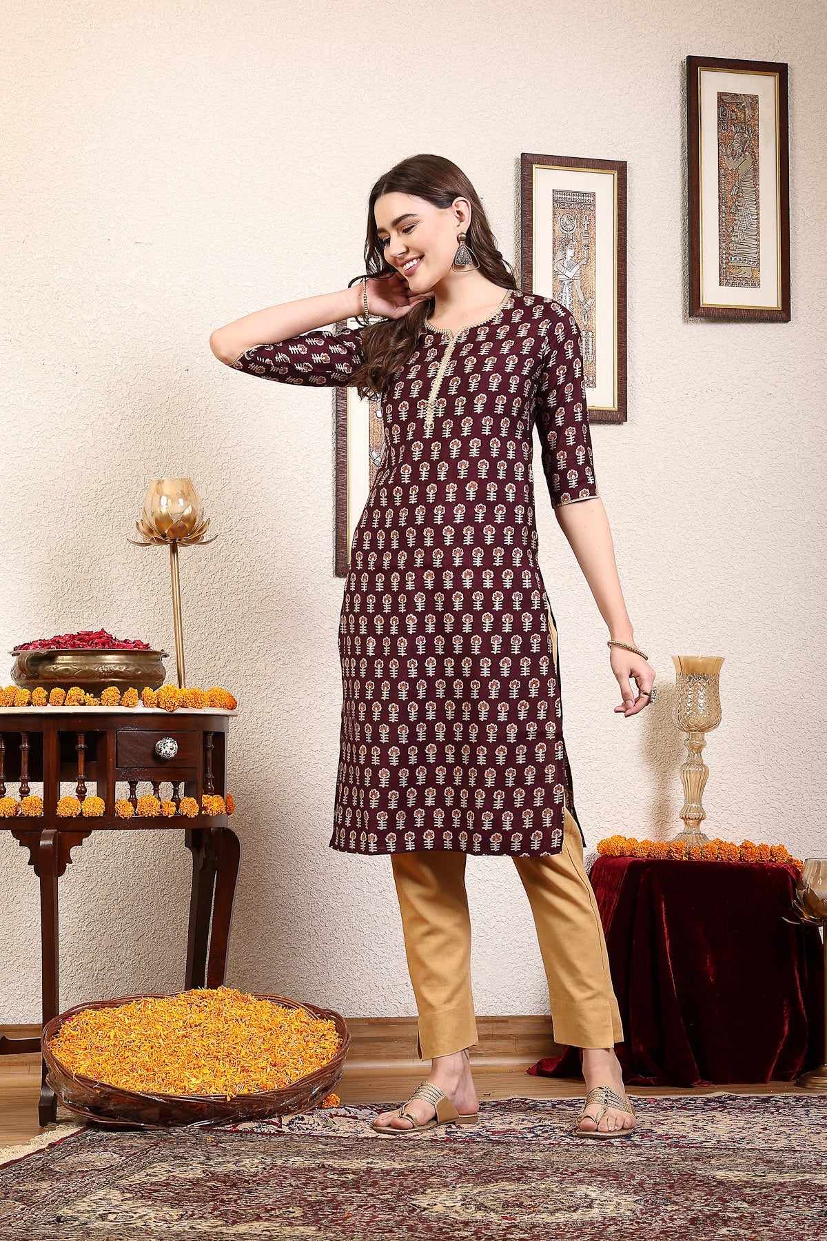 Women Purple Printed Kurta With Lace