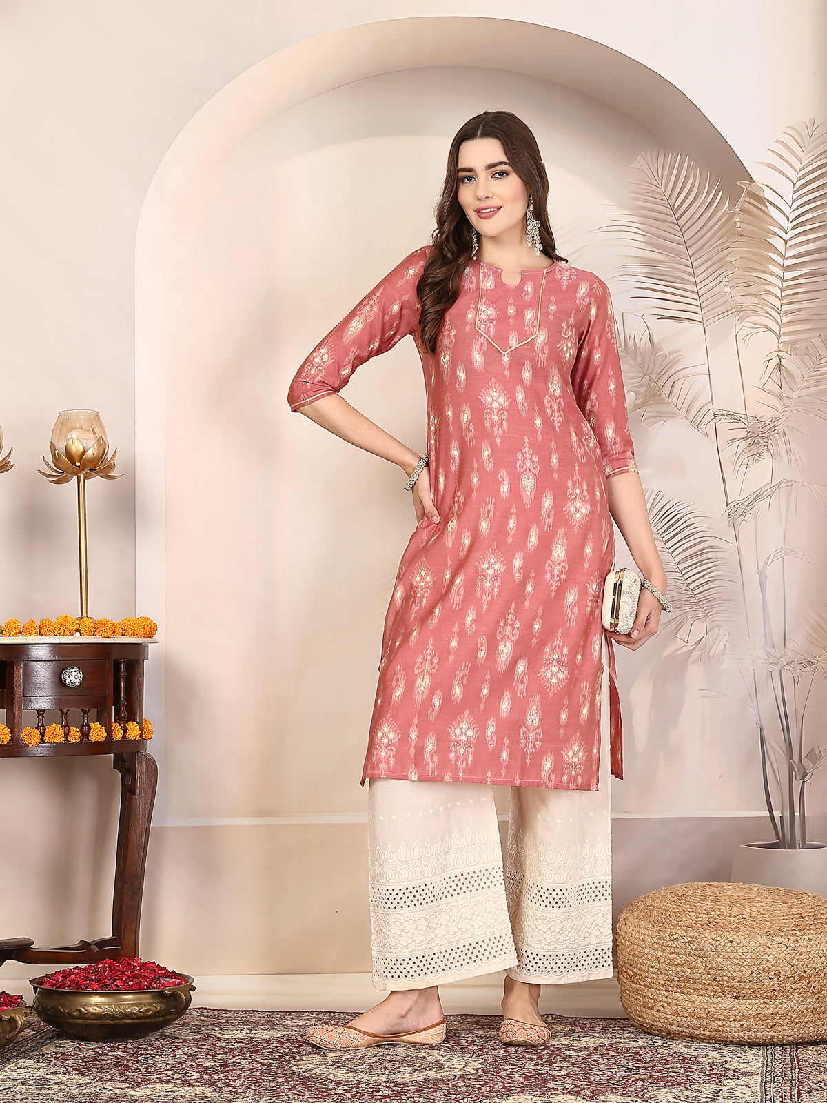 Women Pink Ethnic Motifs Printed Gotta Patti Kurta
