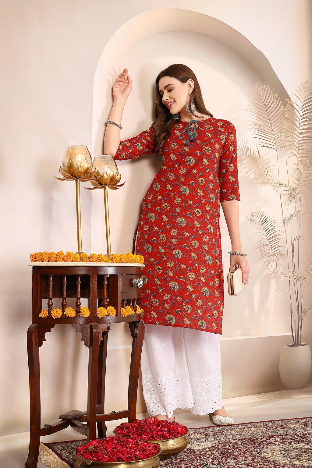 Women Red Floral Printed Tie-Up Neck Kurta Krya