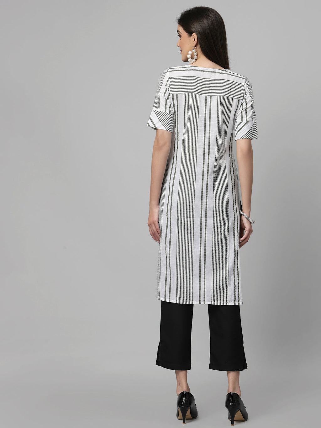 Women White & Olive Striped Cotton Knee Length Kurta Krya