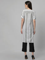 Women White & Olive Striped Cotton Knee Length Kurta Krya