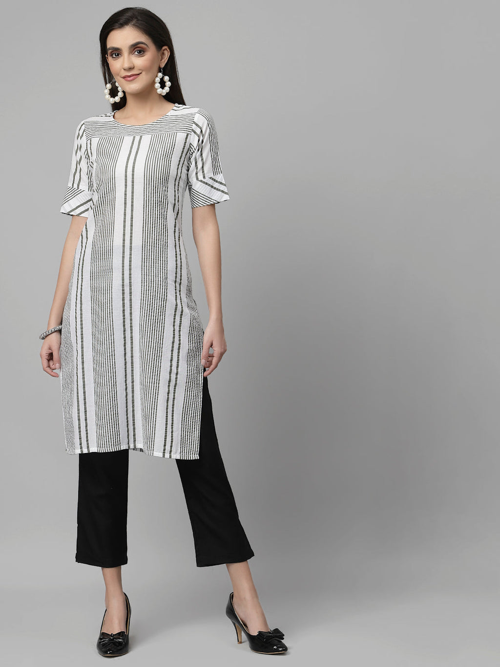 Women White & Olive Striped Cotton Knee Length Kurta Krya