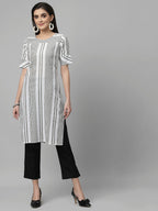 Women White & Olive Striped Cotton Knee Length Kurta Krya