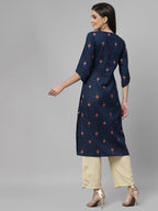 Women Navy Blue Ethnic Motifs Cotton Calf Length Kurta Krya