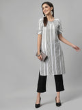 Women White & Olive Striped Cotton Knee Length Kurta Krya