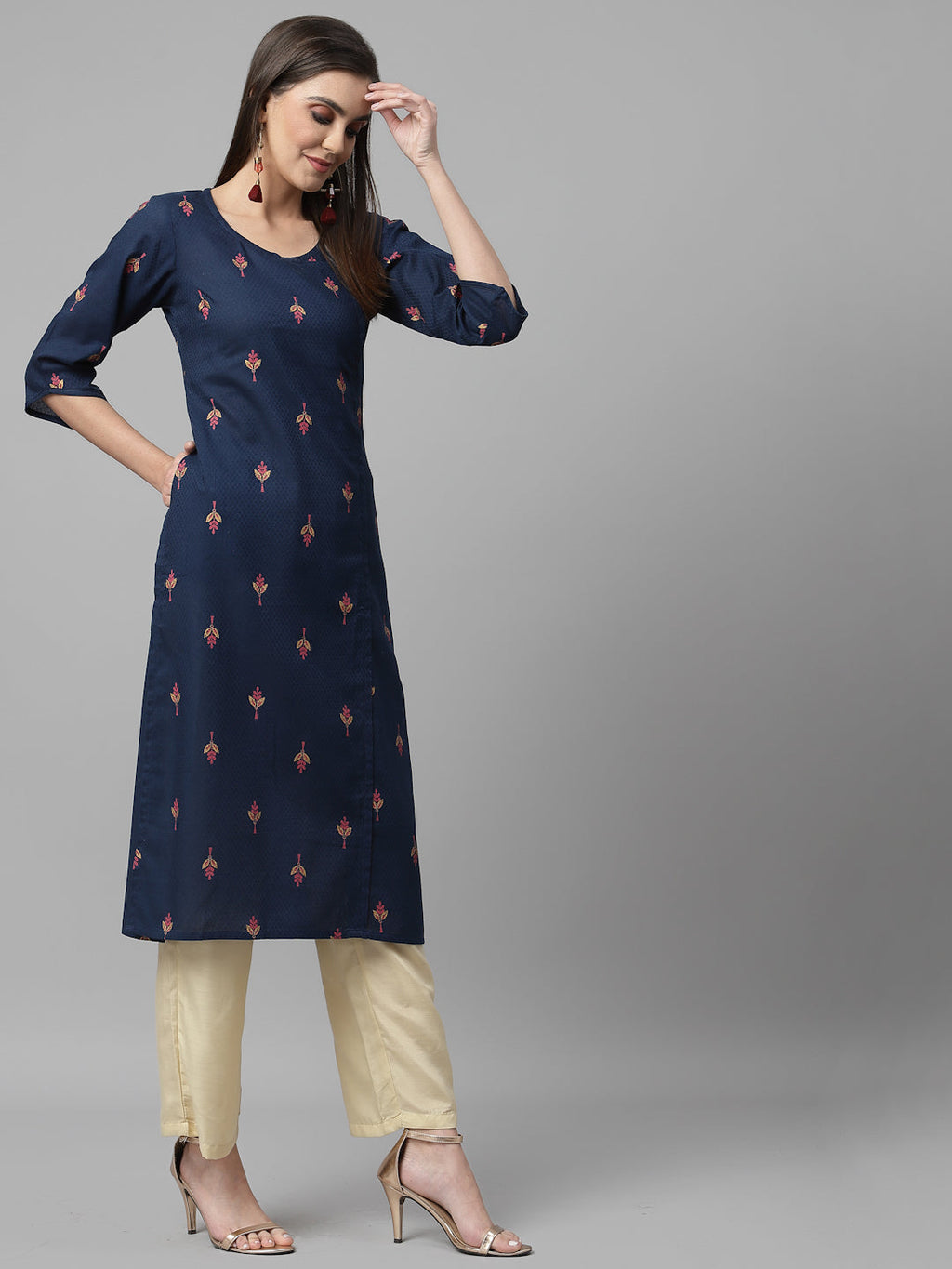 Women Navy Blue Ethnic Motifs Cotton Calf Length Kurta Krya