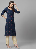 Women Navy Blue Ethnic Motifs Cotton Calf Length Kurta Krya