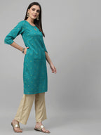 Women Teal Keyhole Neck Straight Kurta Krya