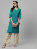 Women Teal Keyhole Neck Straight Kurta Krya