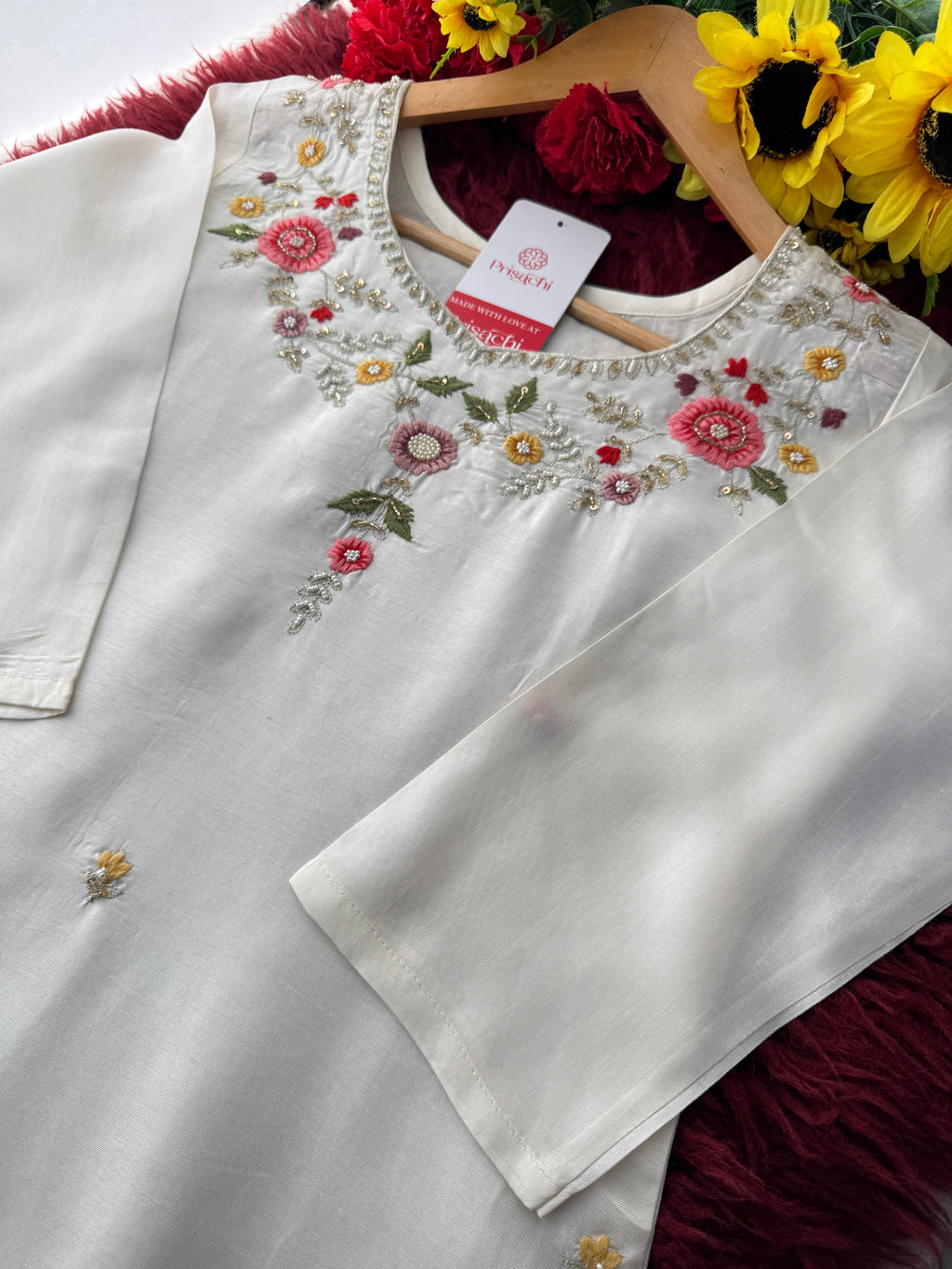 Prisachi Women’s White Floral Thread Embroidered Kurta Set with Dupatta & Pants