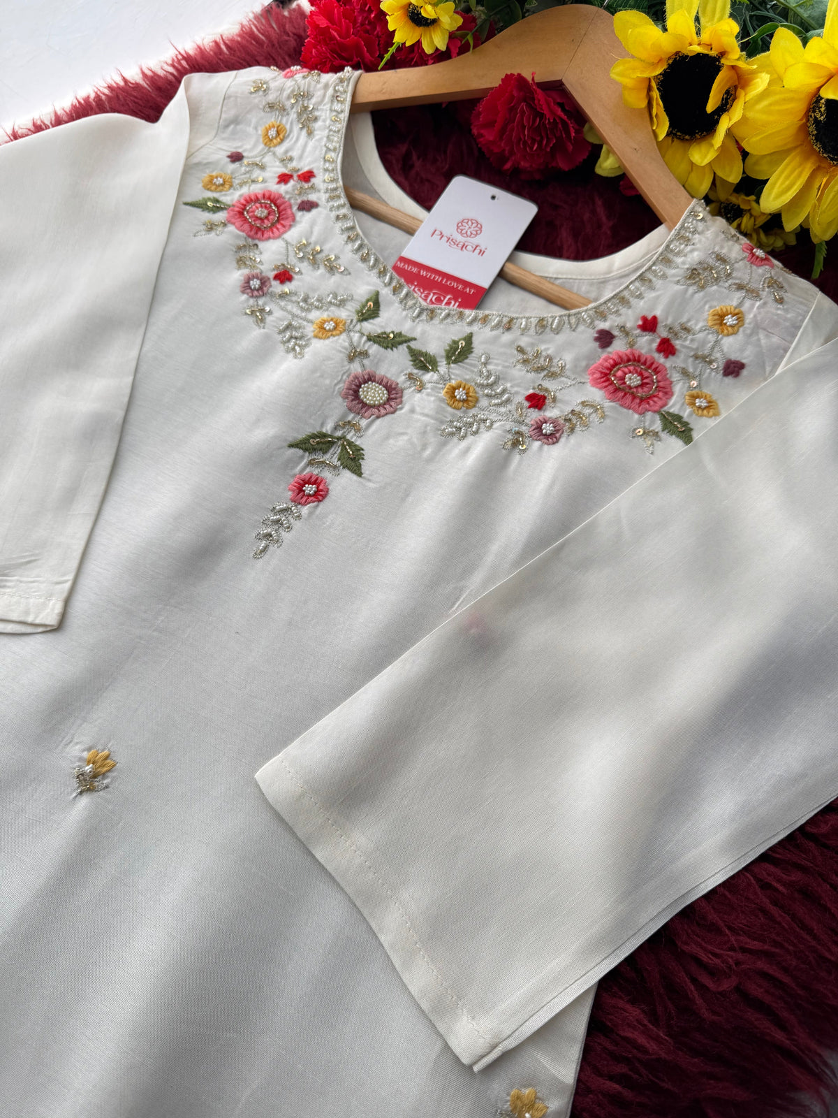 Prisachi Women’s White Floral Thread Embroidered Kurta Set with Dupatta & Pants