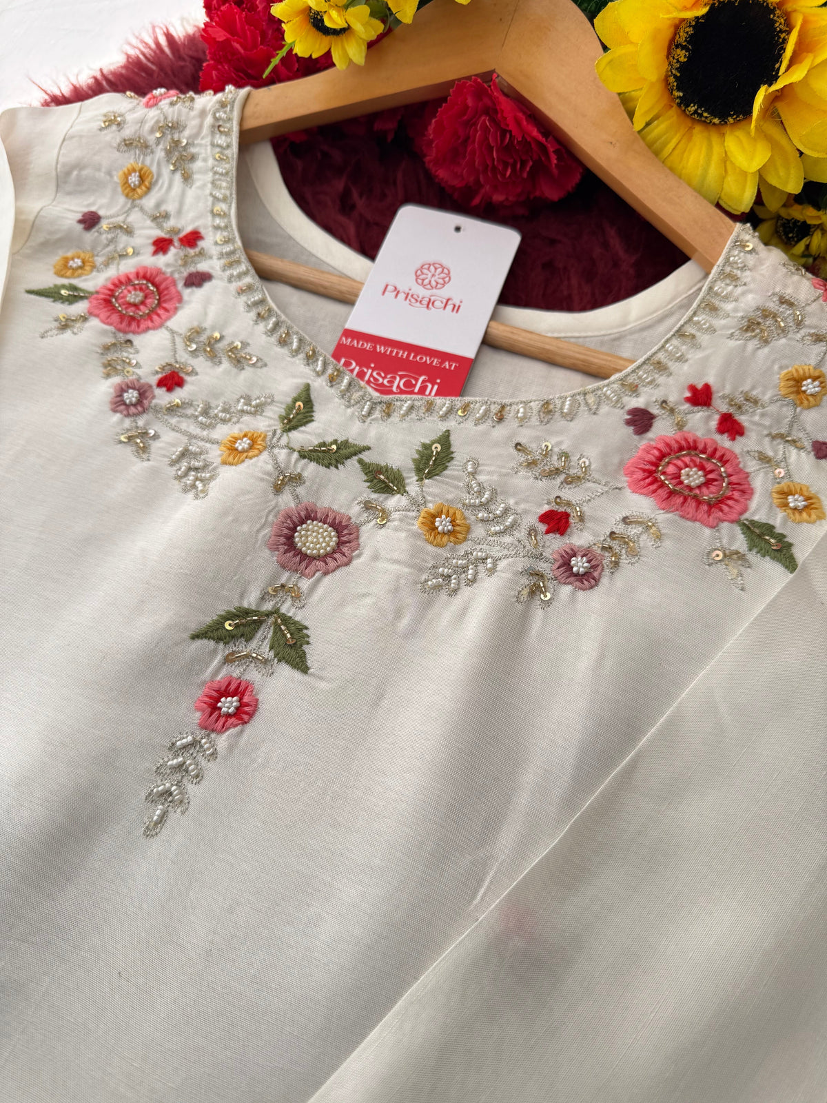Prisachi Women’s White Floral Thread Embroidered Kurta Set with Dupatta & Pants