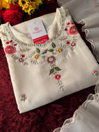 Prisachi Women’s White Floral Thread Embroidered Kurta Set with Dupatta & Pants