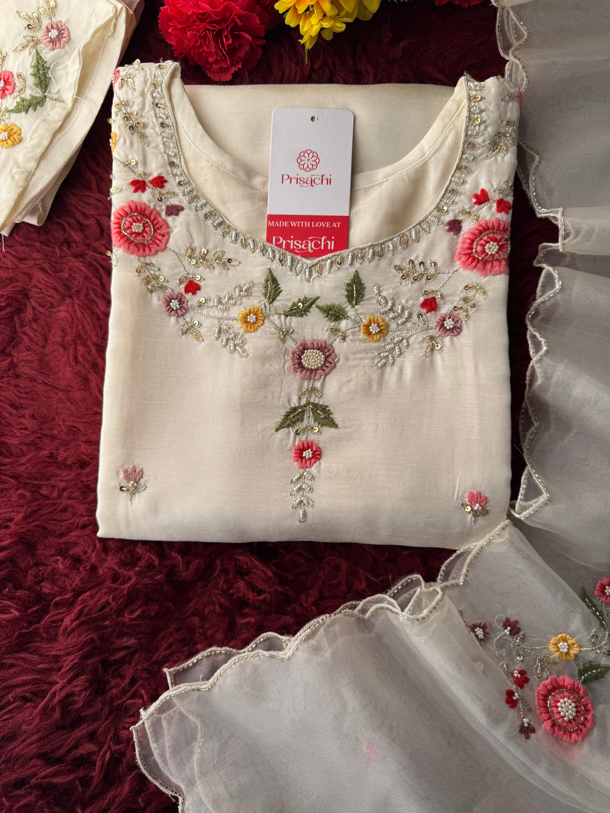 Prisachi Women’s White Floral Thread Embroidered Kurta Set with Dupatta & Pants