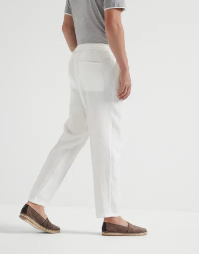 Men's Relaxed Fit Linen- Blend Drawstring Trousers - White - Adam Spirit