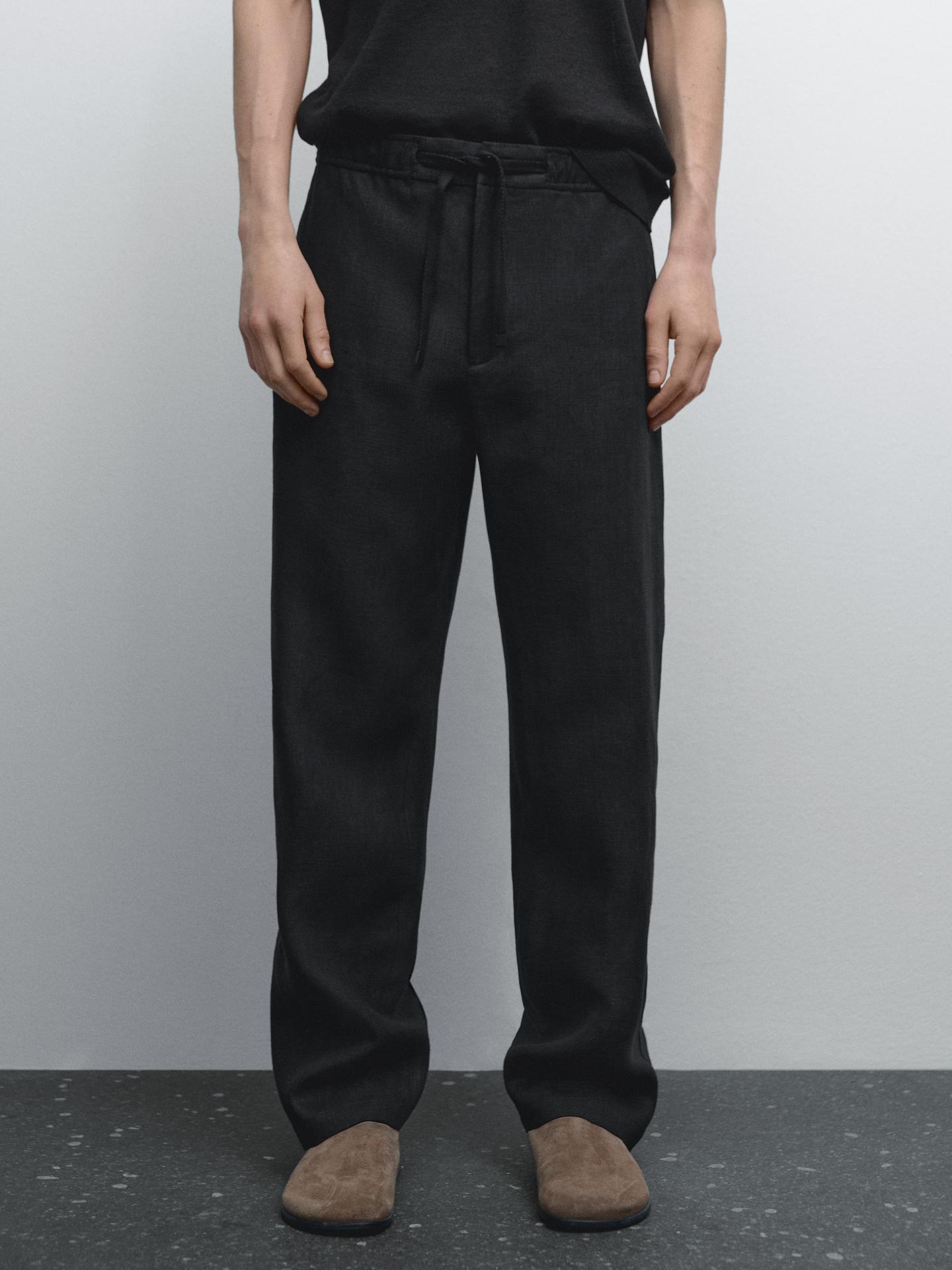 Black Linen Drawstring Pants Relaxed Fit Summer Bottoms for Effortless Comfort - Adam Spirit