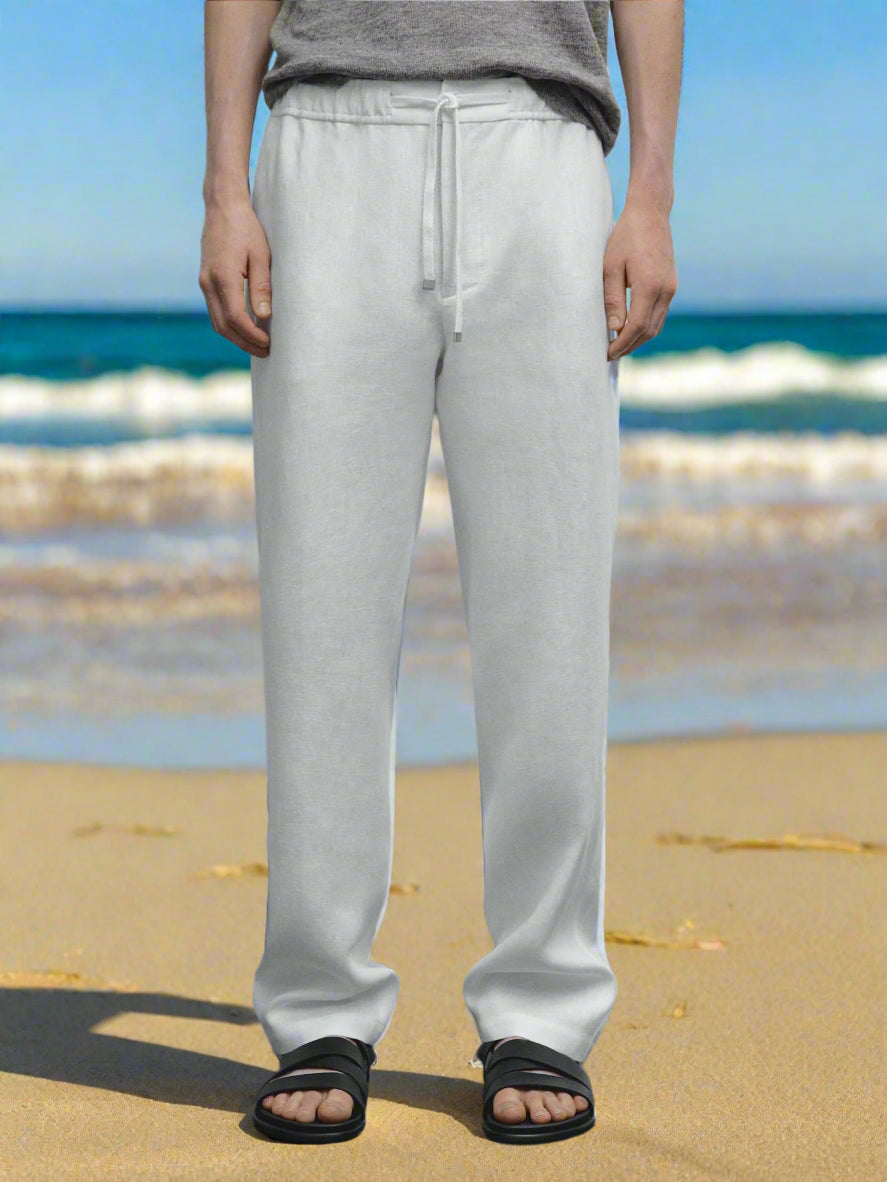 White Linen Drawstring Pants Relaxed Fit Summer Bottoms for Effortless Comfort - Adam Spirit