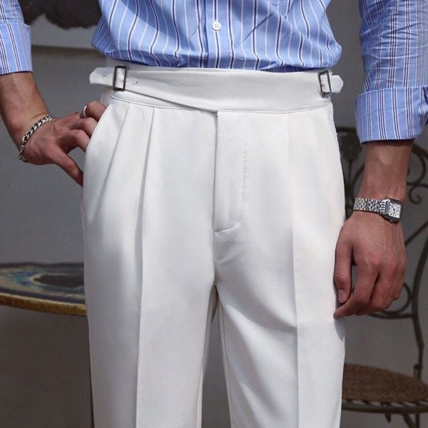 White High-Waisted Classic Double Pleats & Side Buckle Adjusters - Adam Spirit