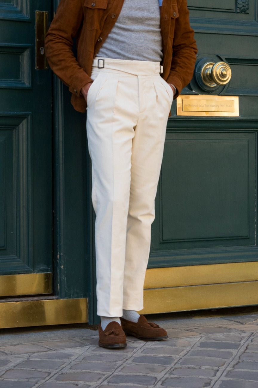 White High-Waisted Classic Double Pleats & Side Buckle Adjusters - Adam Spirit