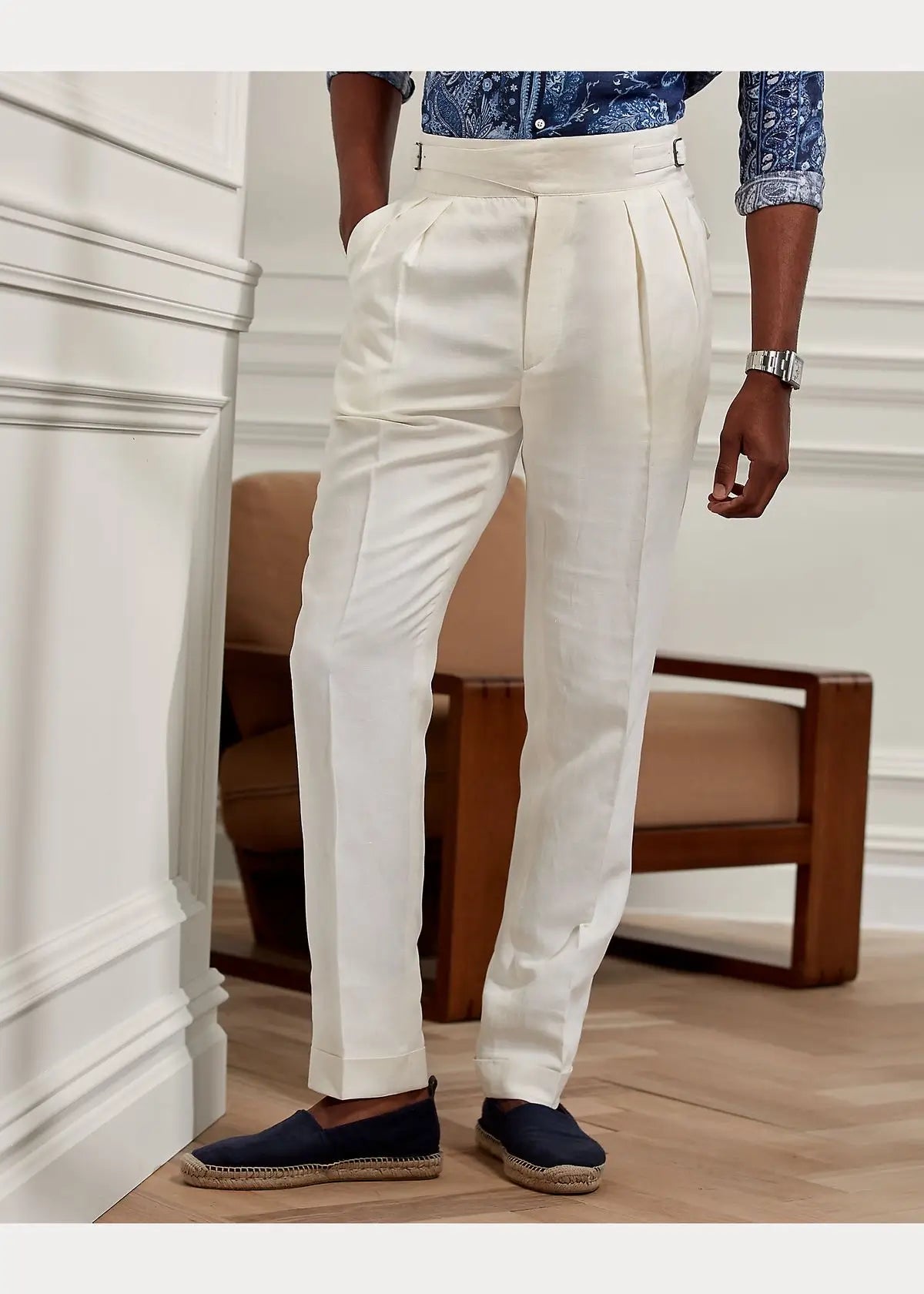 White High-Waisted Classic Double Pleats & Side Buckle Adjusters - Adam Spirit