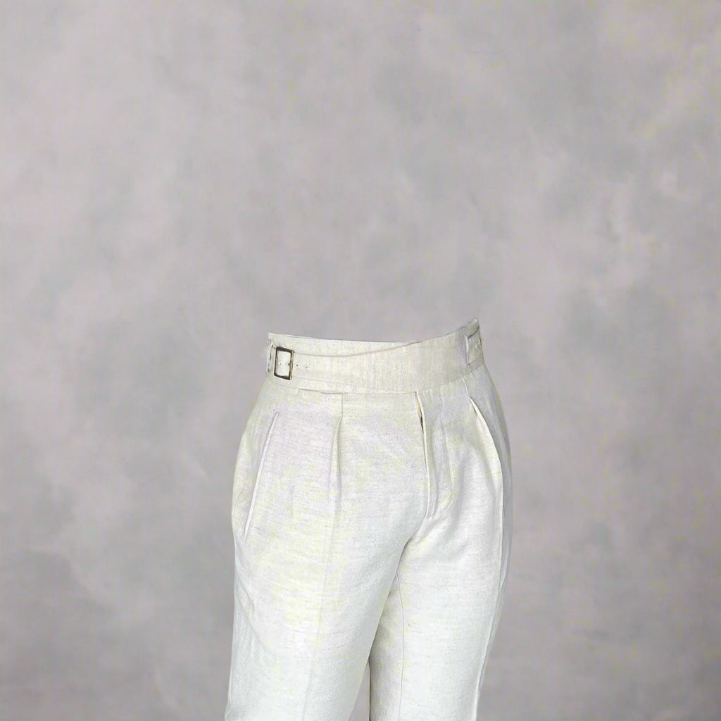 Ecru Linen Blend High-Waisted Trousers – Double Pleats & Buckle Adjusters - Adam Spirit