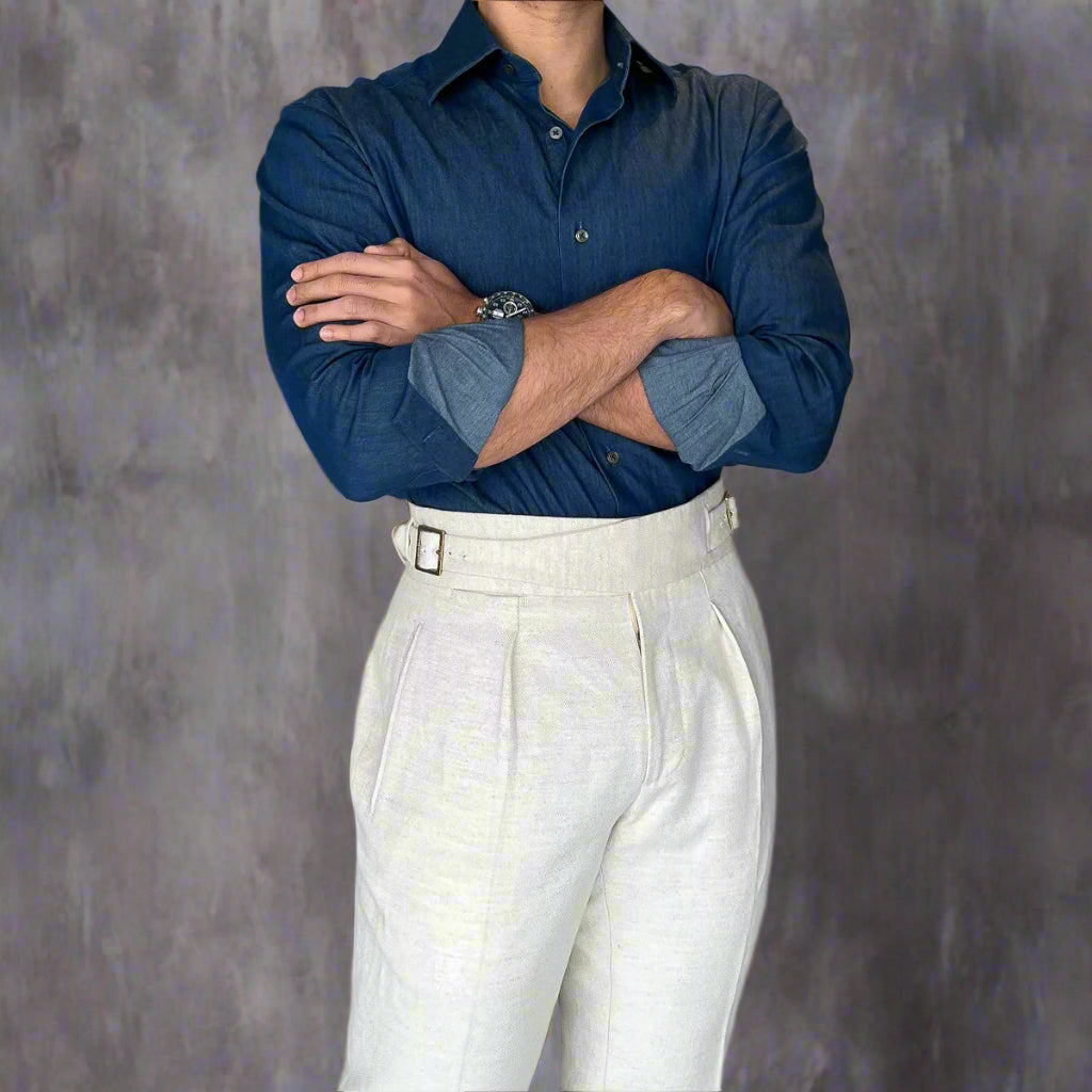 Ecru Linen Blend High-Waisted Trousers – Double Pleats & Buckle Adjusters - Adam Spirit