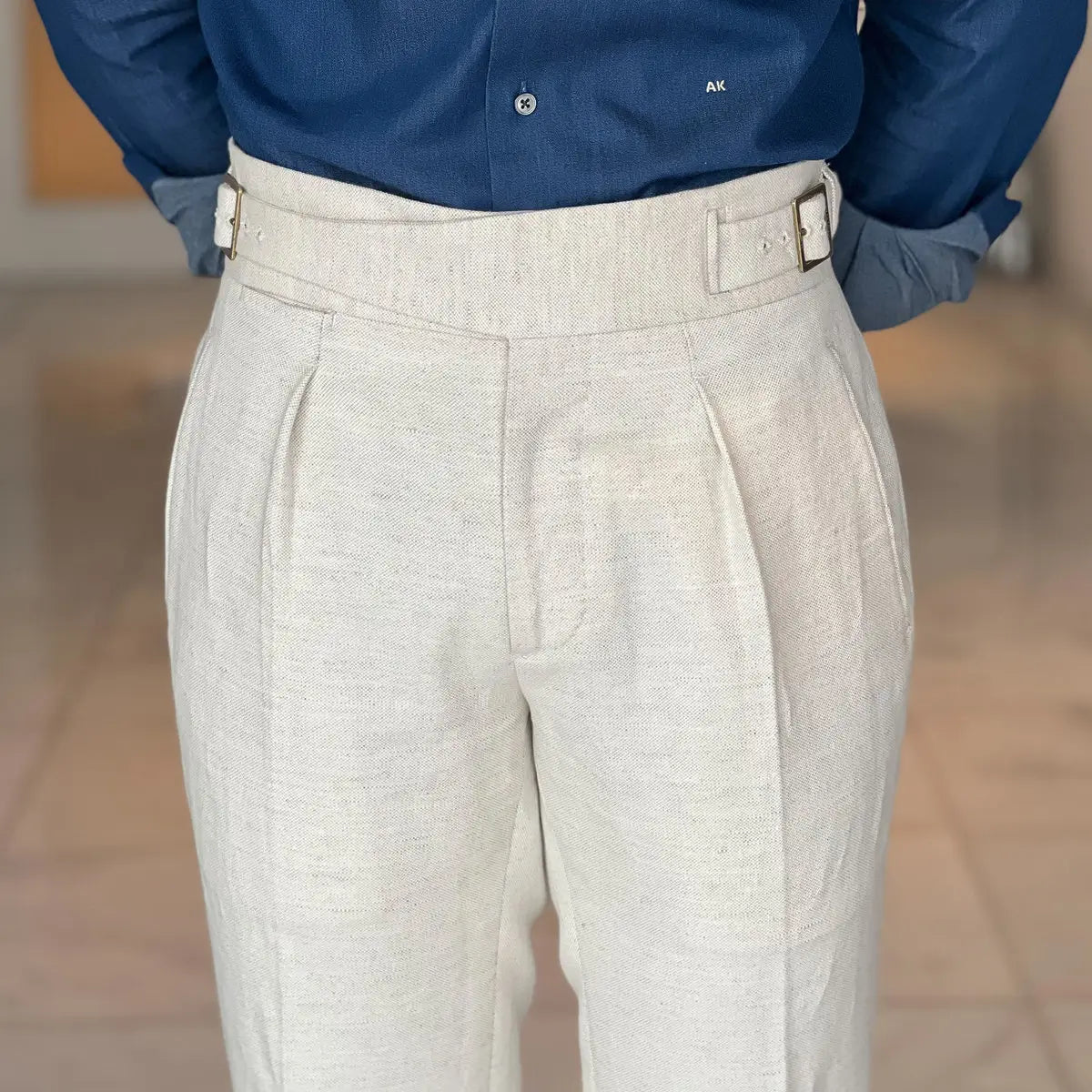 Ecru Linen Blend High-Waisted Trousers – Double Pleats & Buckle Adjusters - Adam Spirit