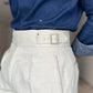 Ecru Linen Blend High-Waisted Trousers – Double Pleats & Buckle Adjusters - Adam Spirit