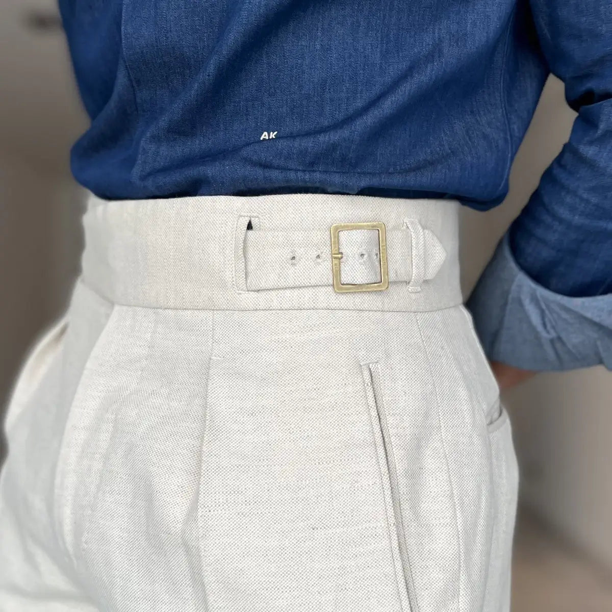 Ecru Linen Blend High-Waisted Trousers – Double Pleats & Buckle Adjusters - Adam Spirit