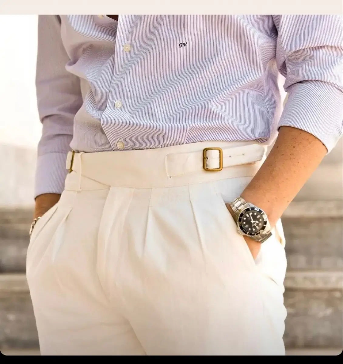 White High-Waisted Classic Double Pleats & Side Buckle Adjusters - Adam Spirit