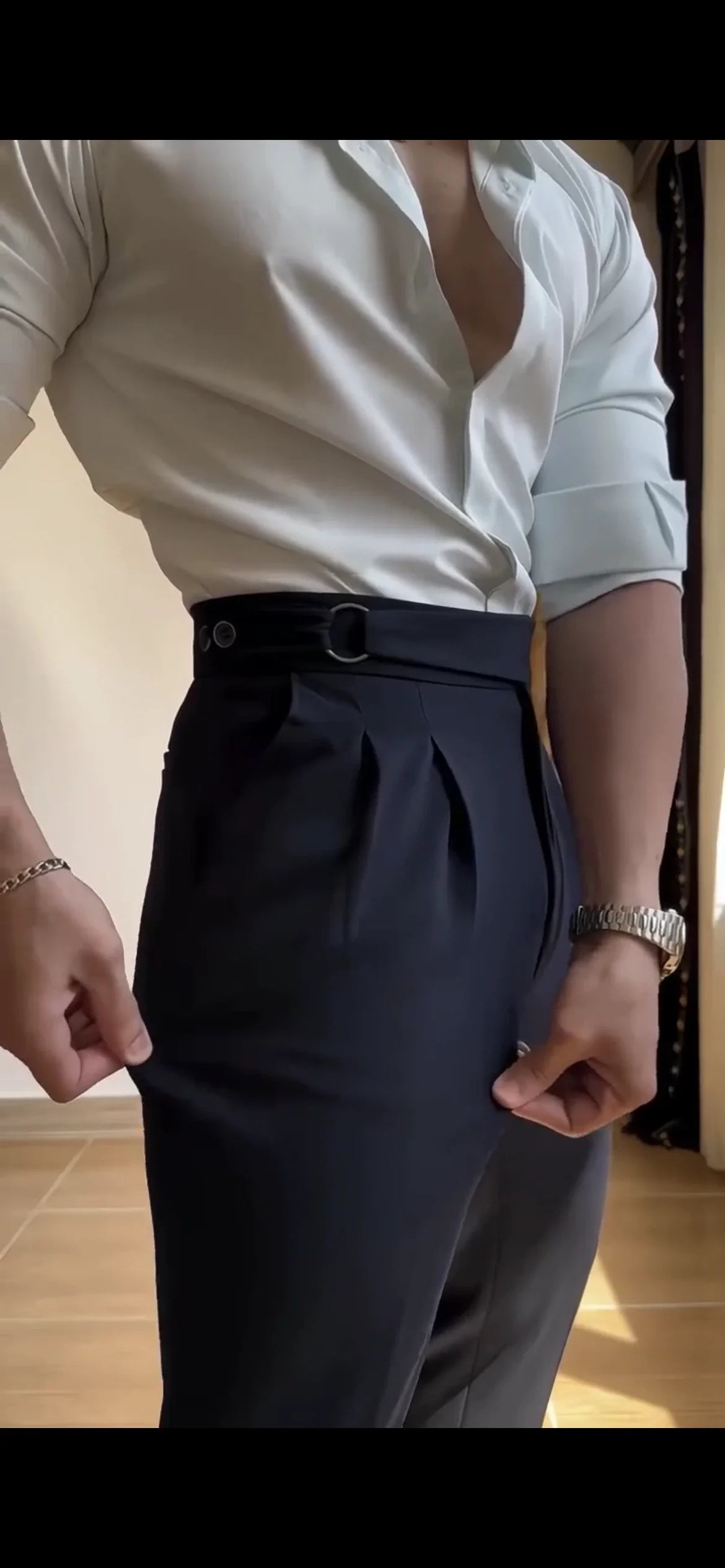 Midnight High-Waisted Trousers Double Pleats with D-Ring Side Adjusters - Adam Spirit