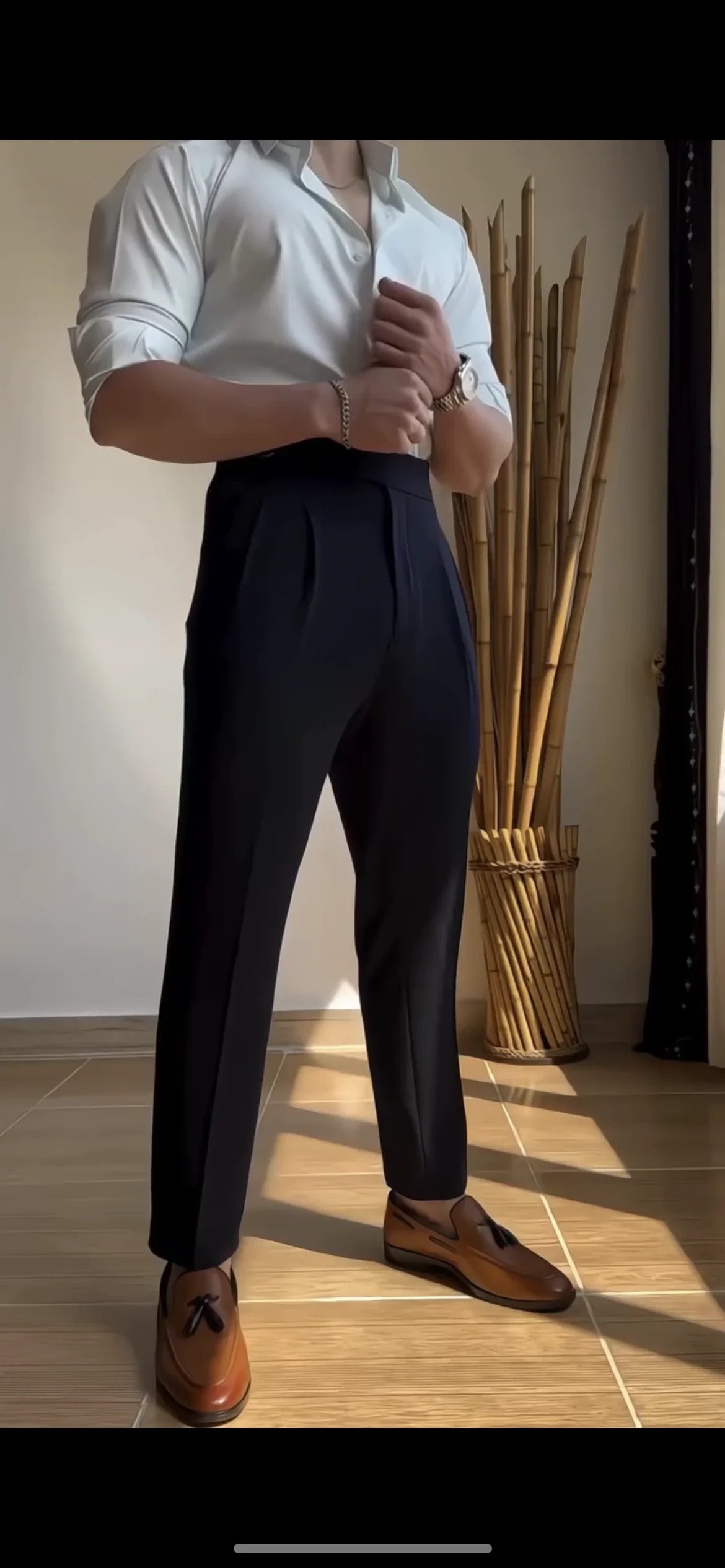 Midnight High-Waisted Trousers Double Pleats with D-Ring Side Adjusters - Adam Spirit