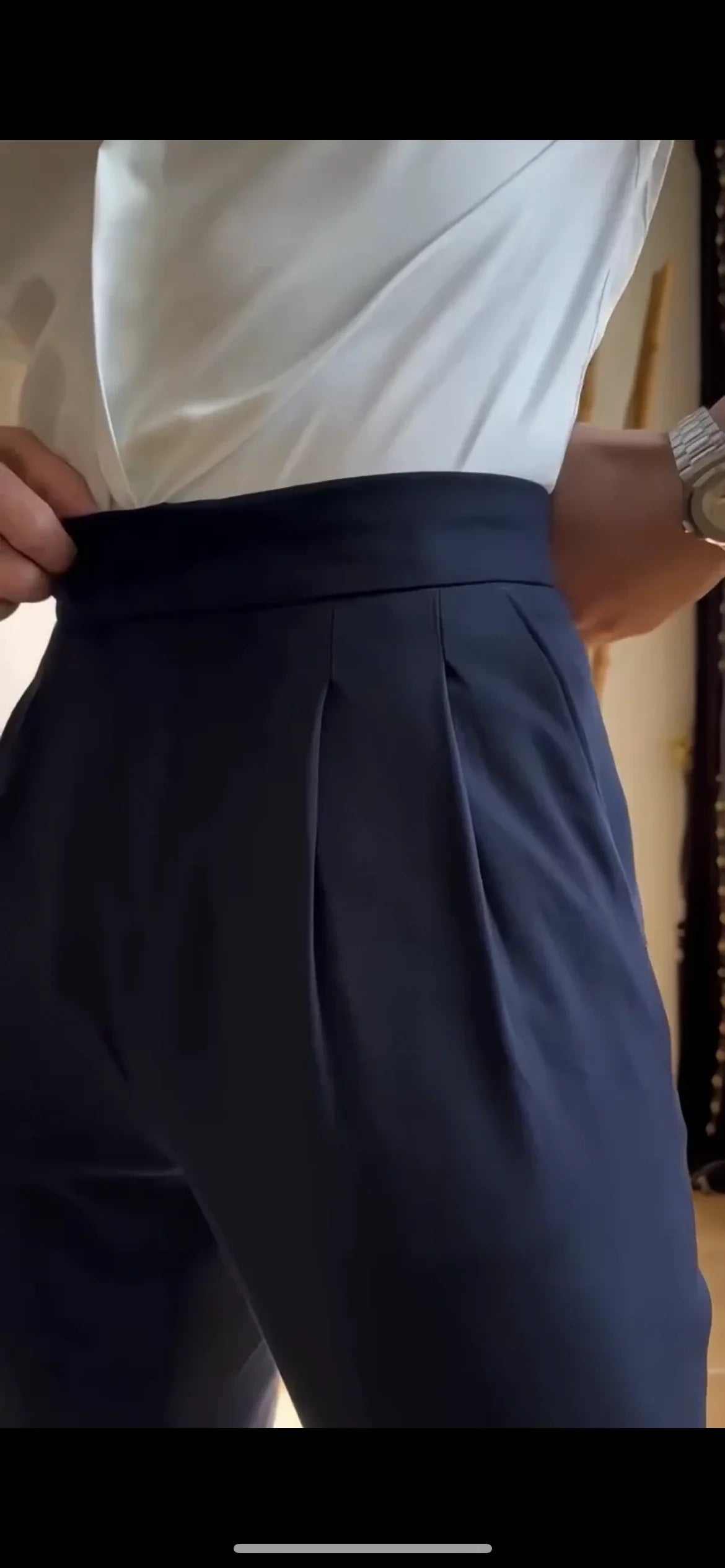 Midnight High-Waisted Trousers Double Pleats with D-Ring Side Adjusters - Adam Spirit