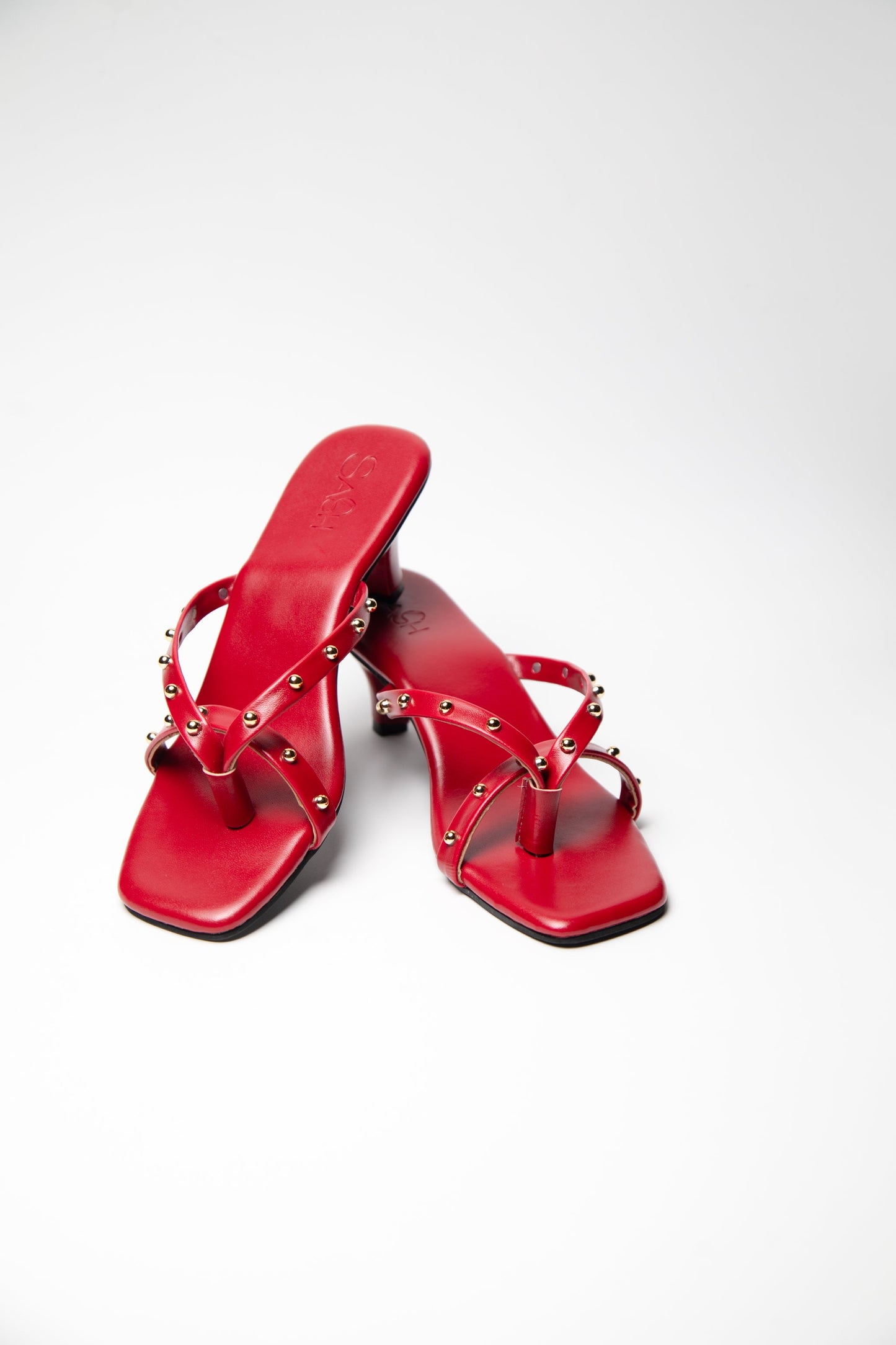 Gold Studded Kitten Heels - Red