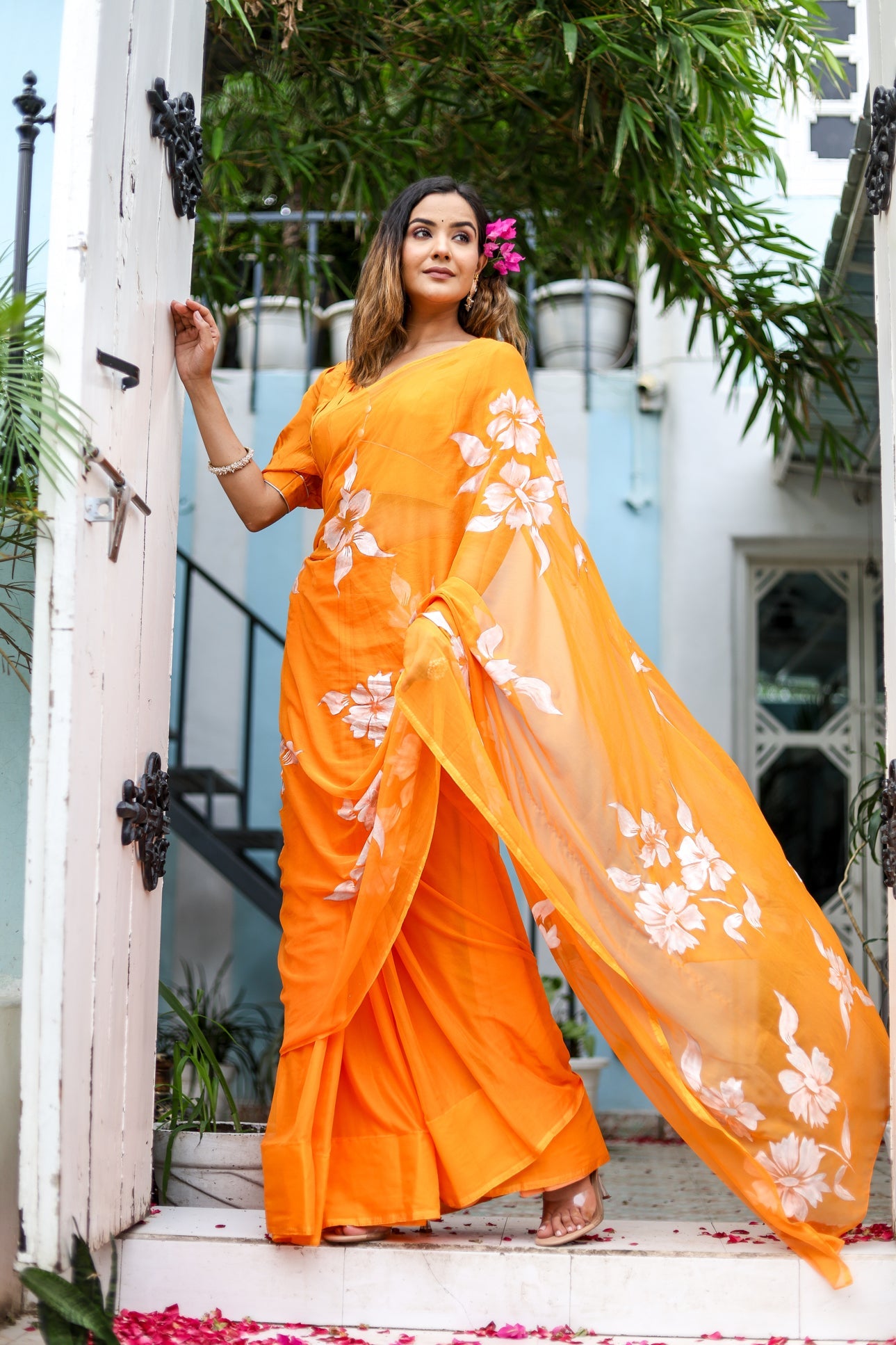 Saffron Sunset  (Handpainted Chiffon Saree - Orange)