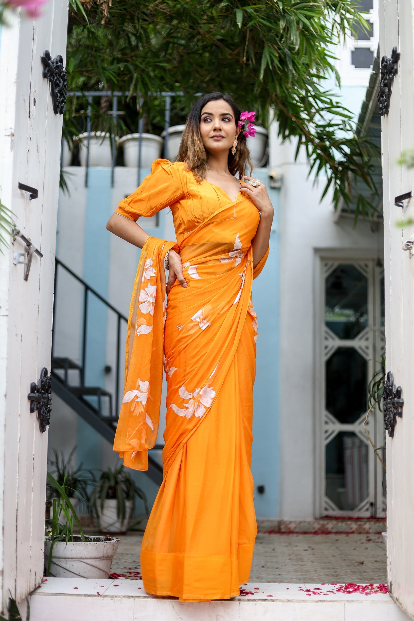 Saffron Sunset  (Handpainted Chiffon Saree - Orange)