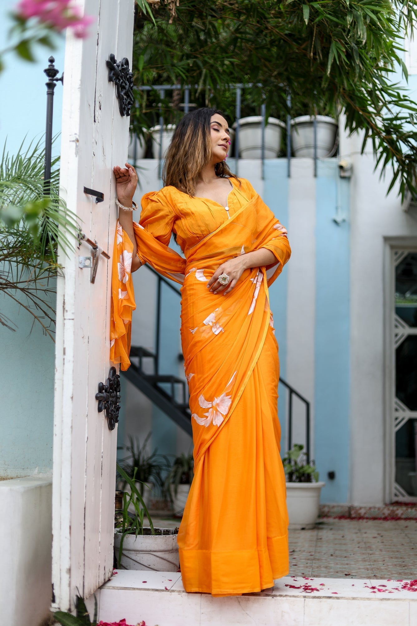 Saffron Sunset  (Handpainted Chiffon Saree - Orange)