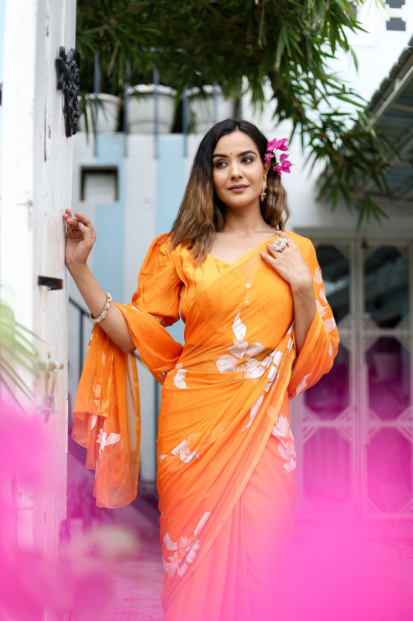 Saffron Sunset  (Handpainted Chiffon Saree - Orange)