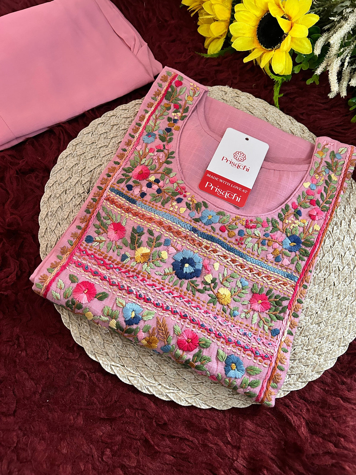 Pink Thread Embroidered Kurti Pant Co-ord Set | Ethnic Office & Casual Wear